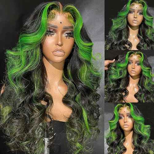 Missyvan Green Lace Front Wigs for Women Body Wave Lace Front Wigs Highlights Black with Green Streak Colorfull Long Wavy Skunk Stripe Glueless Wigs 26Inch Soft Hair Heat Resistant