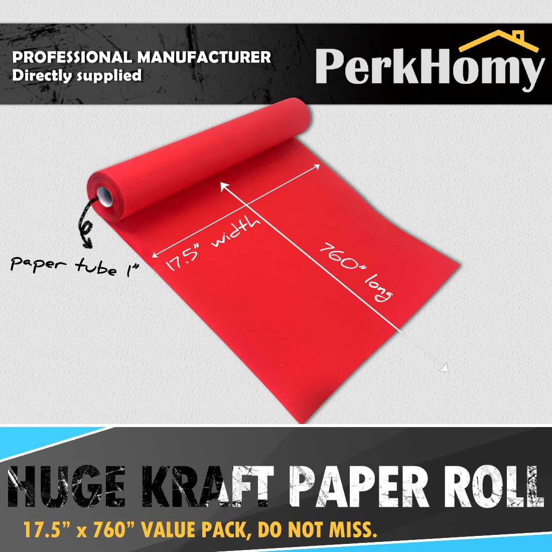 PerkHomy Red Kraft Paper Roll 17.5" x 760" (63') for Gift Wrapping Bouquet Flower Kids Art Painting Craft Writing Packaging Shipping 80GSM 55LB (Red, 17.5" x 63')