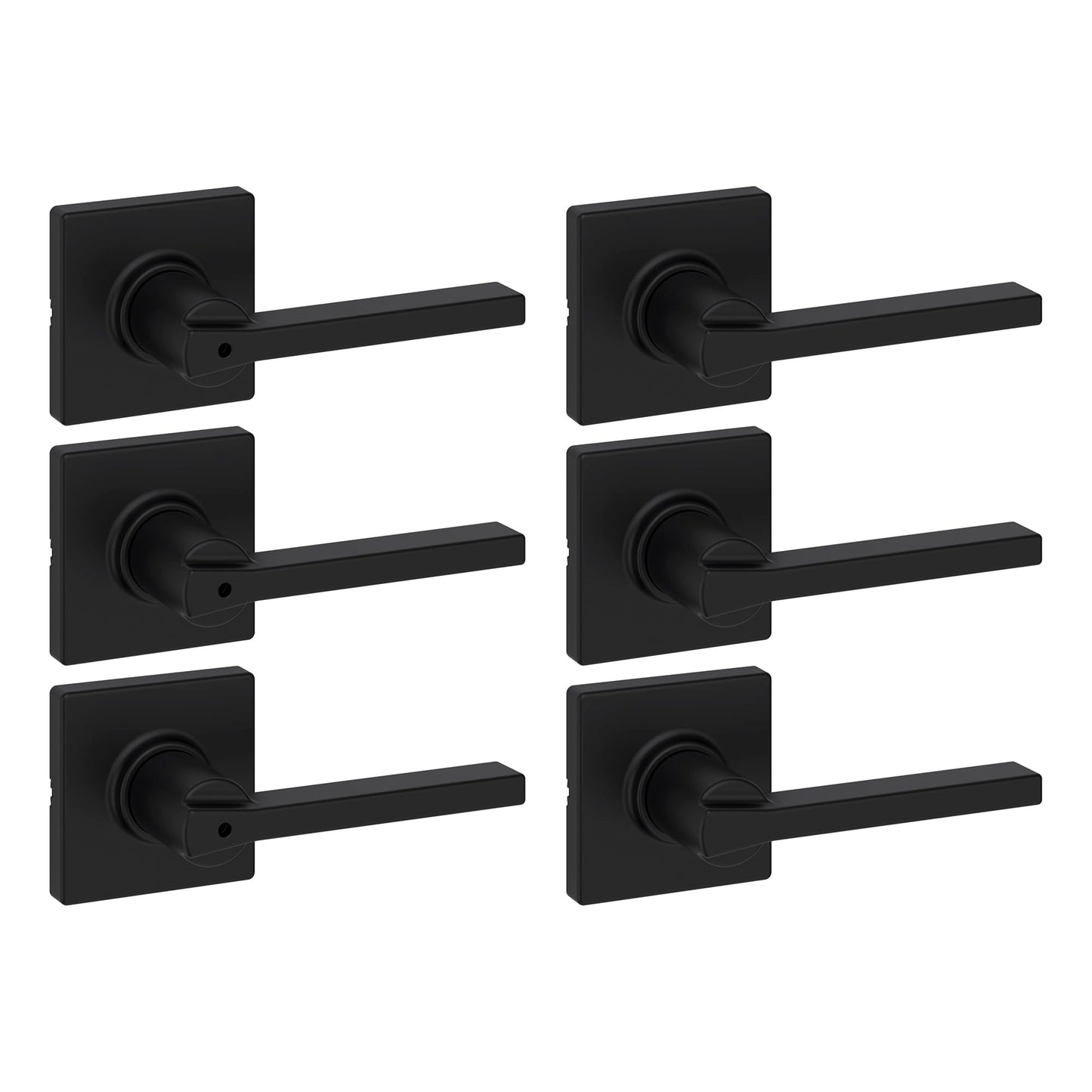 Kwikset Casey Hallway Passage and Bed/Bath Privacy Door Handle 6 Pack, 3 Passage Levers and 3 Privacy Levers, Matte Black Reversible Interior Handles, with Microban