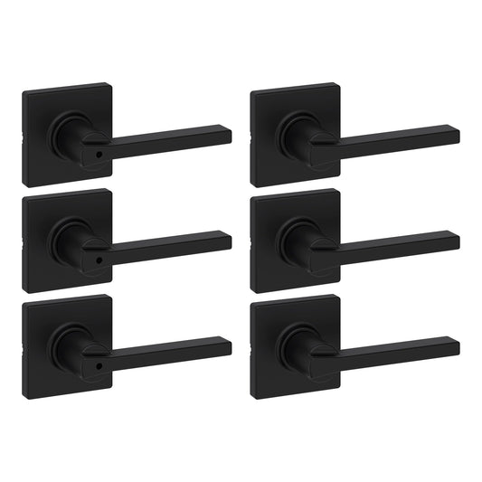 Kwikset Casey Hallway Passage and Bed/Bath Privacy Door Handle 6 Pack, 3 Passage Levers and 3 Privacy Levers, Matte Black Reversible Interior Handles, with Microban