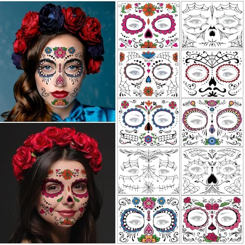 Day of the Dead Face Tattoos - 10 Sheet Halloween Temporary Tattoo Kit