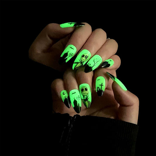 Pufandor Halloween Press on Nails Medium Almond Halloween Nails with Fluorescent Designs Fake Nails Glow At Night Horror Dolls Goth Nails Crosses Glossy False Nails for Women 24Pcs