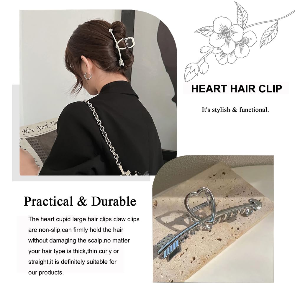 Heart Hair Claw Hair Clips for Women - Cupid Design Metal Large Jaw Clips for Thick and Thin Hair, Nonslip Silver Y2k Clips for Daily, Wedding, Party Hair Accessories