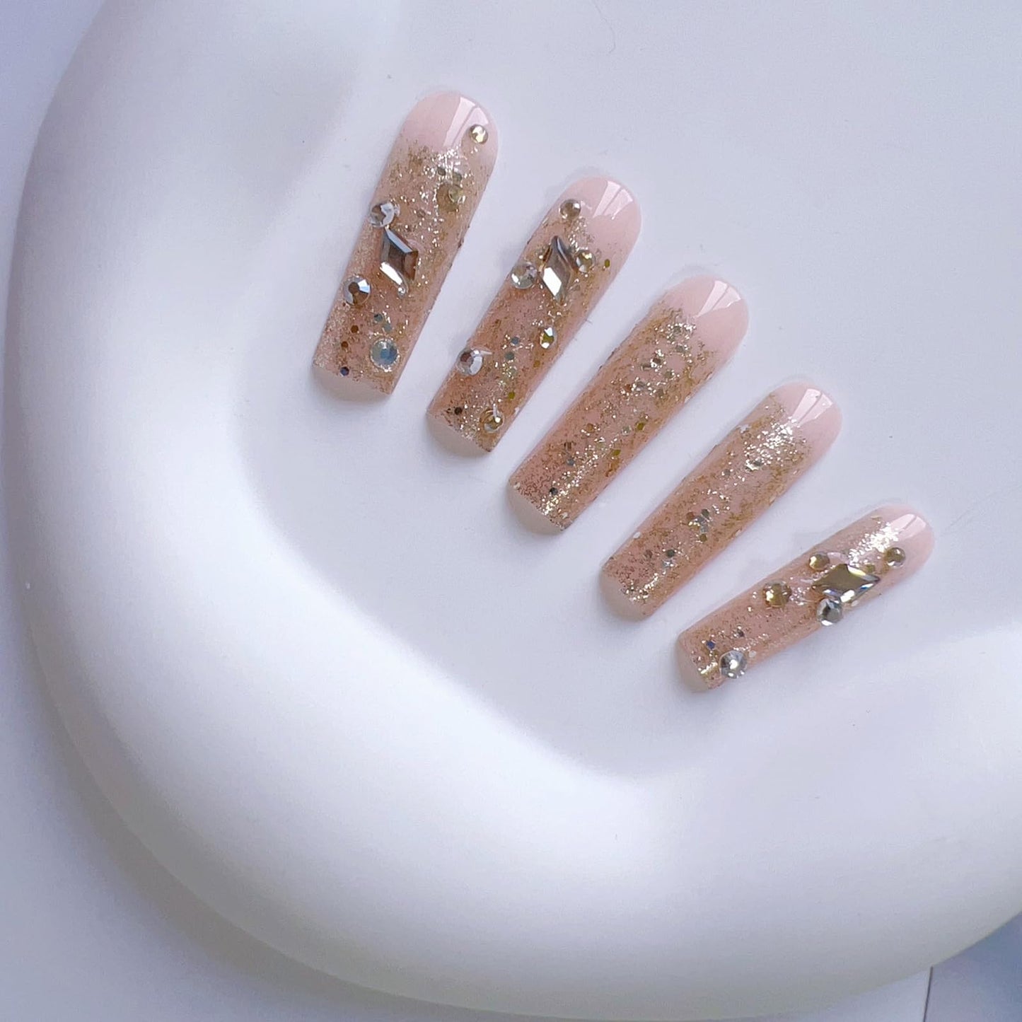 Long Coffin Press On Nails Rhinestone Fake Nails Glitter Nail Tips Shining Gold False Nails Long Square Acrylic Artificial Fingernails Full Cover Glue On Nails Stick On Nails for Women Girls 24pcs