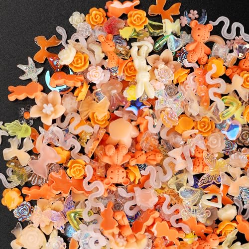 COOSLIM 110 Pieces 3D Bow Nail Charms for Acrylic Nails, Camellia Rose Flower Butterfly Bowknot Heart Bear Rabbit Star Bows Charms for Nail Art Designs DIY Accessories Craft(Orange)