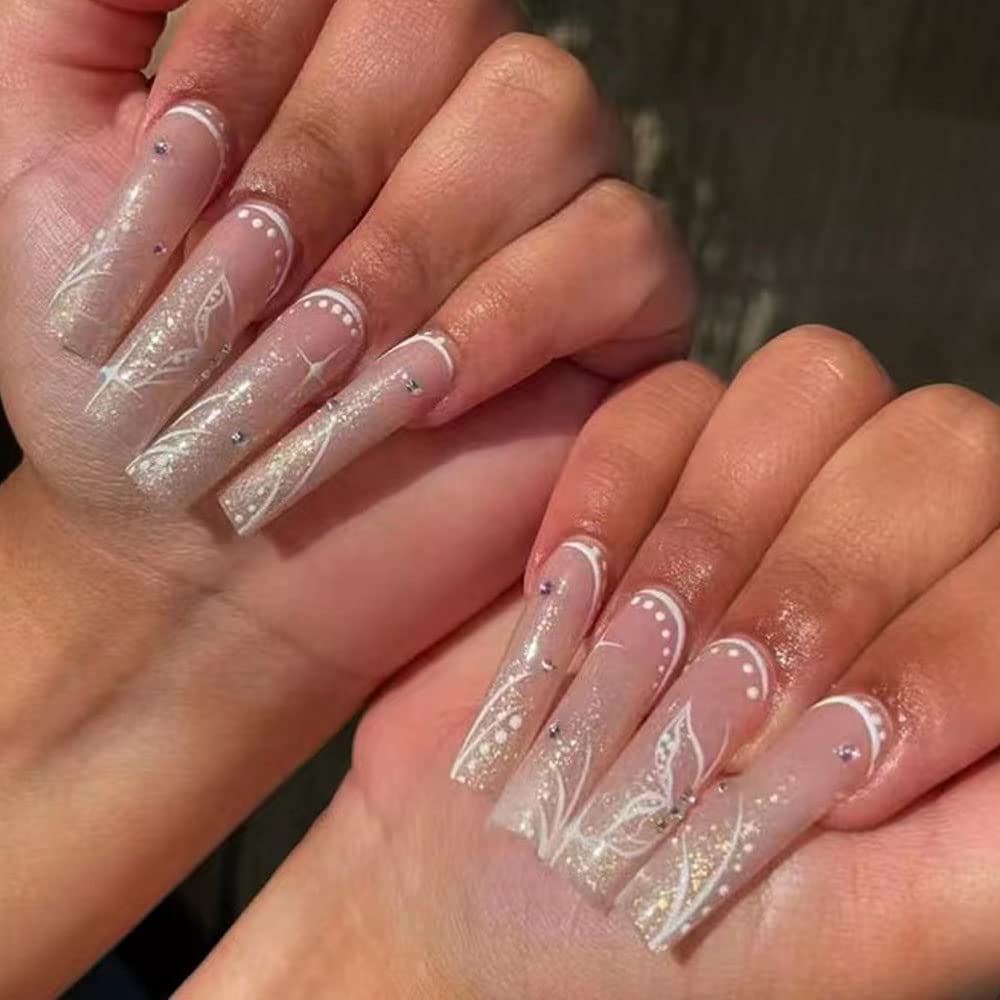 Magrace Long Square Press on Nails Fake Nails French Tips False Nails with Designs Rhinestone 24 pcs Stick on Nails for Women