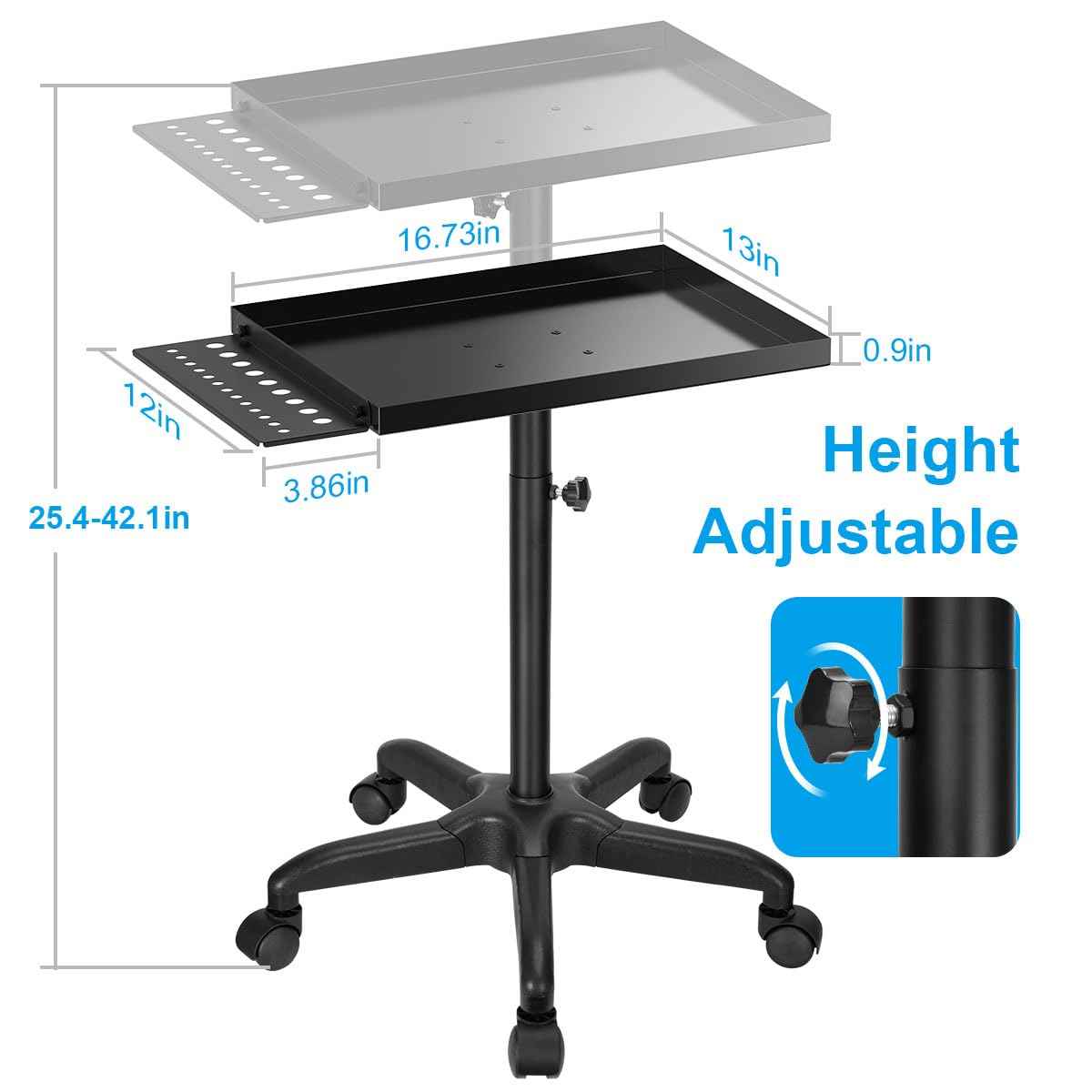Salon Tray Cart Premium Metal Tattoo Tray, Storage Utility Cart with Tool Rack, Rolling Tray Trolley Adjustable Height, Tool Tray Cart for SPA Clinic Repair Shop