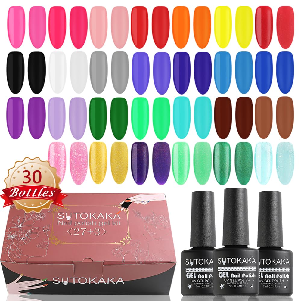 SUTOKAKA 30pcs Gel Nail Polish Kit, 27 Colors Hot Pink Neon Yellow Glitter Soak Off with Top and Base No Wipe Matte Coat Manicure Kit DIY Nail Art Salon Home Gift for Women Girls