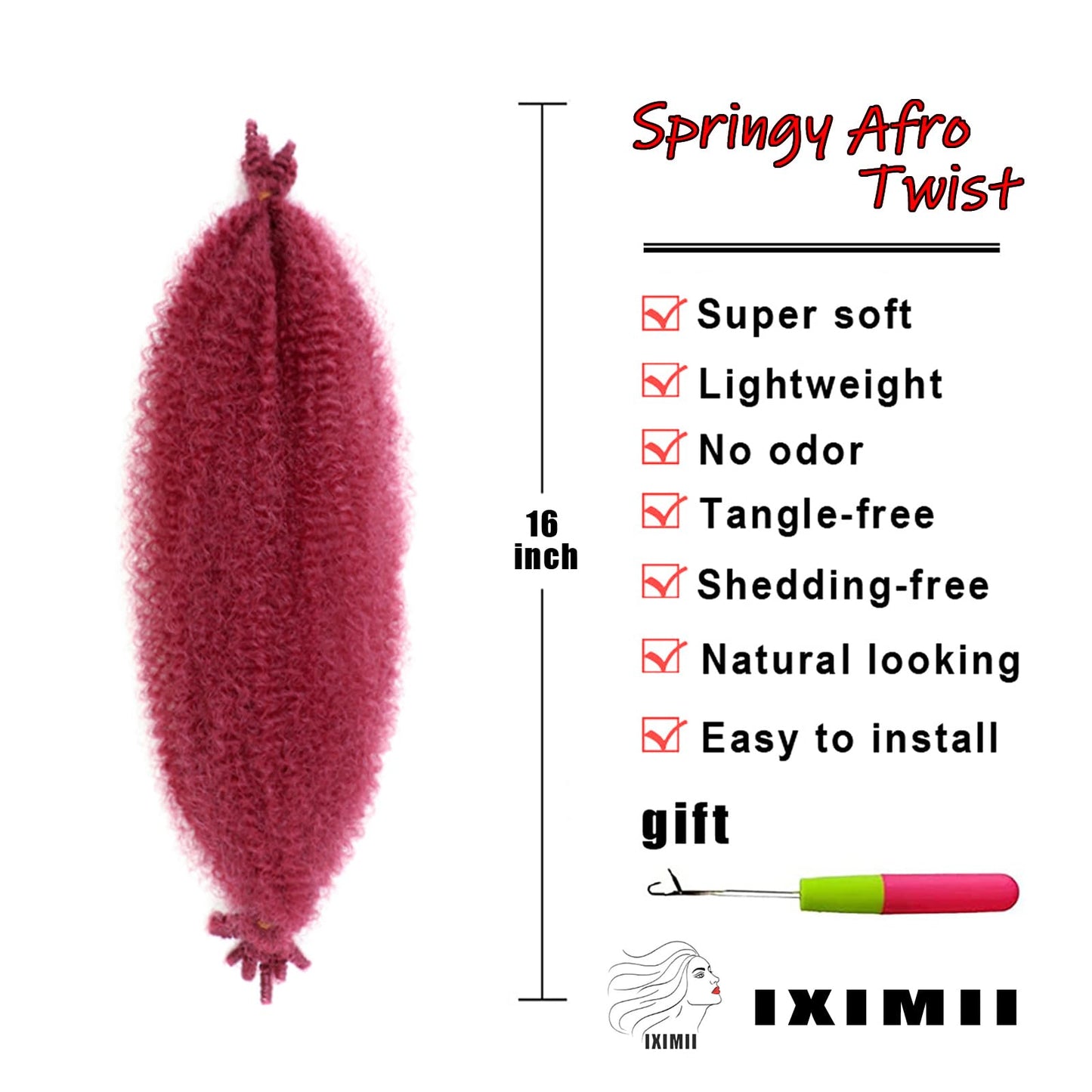 IXIMII Springy Afro Twist Hair 16 Inch 3 Packs Burgundy Pre-Separated Kinky Marely Twist Braiding Hair Soft Crochet Wrapping Hair Pre-Fluffed Synthetic Hair Extensions for Women