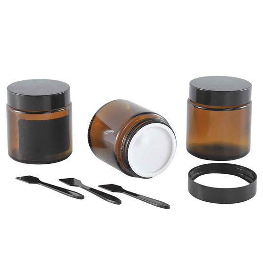 Lustervial 4Oz Amber Small Glass Jars with Lids, 3Pack Lotion Container, Cosmetic Containers, Little Travel Jars for Creams with Mini Spoon