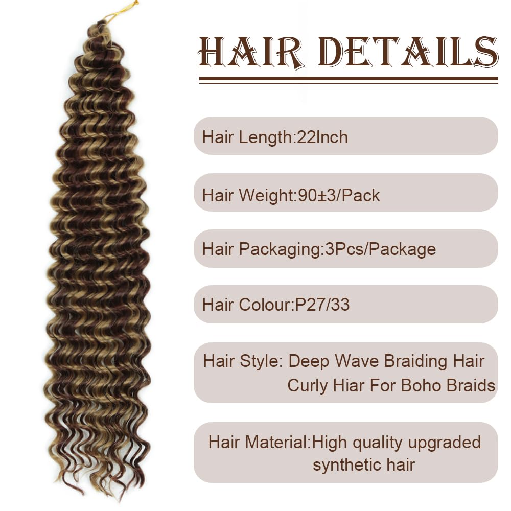 Deep Wave Curly Crochet Hair 22 Inch 3 Packs Curly Braiding Hair Extensions Ocean Wave Crochet Hair for Black Women Long Deep Wave Braiding Hair for Boho Box Braids (P27/33, 22Inch 3Pack)