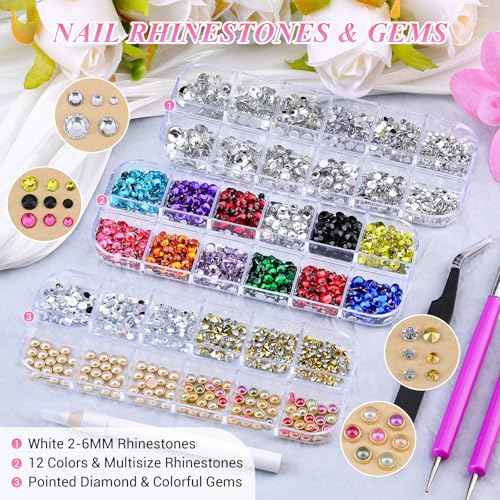 12 Boxes Nail Gems and Charms, Gold Charms for Nails Rhinestones Kit with 30 Sheets Nail Art Stickers Crystals Flatback Pearls Nail Decals Fruit Nail Charms Pearls for Nails Design DIY Accessories