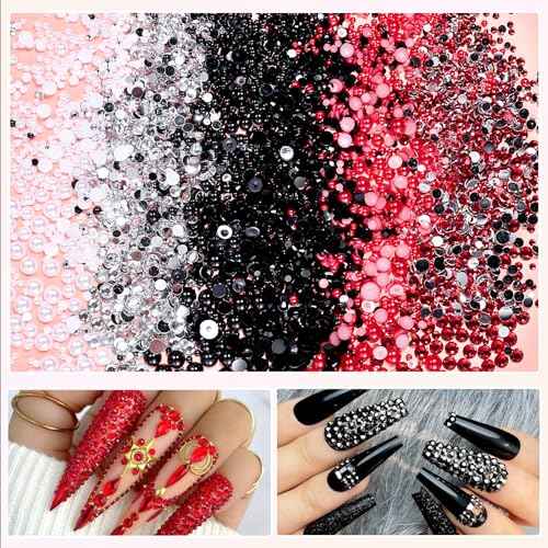 9000 Pcs Flatback Pearls and Jelly Resin Rhinestones for Crafting, Red White Black Mixed Size 3-8mm Jelly Rhinestones and Pearls Nail Jewels, Bedazzling Crystal Nails Art, Tweezer and Pickup Pencil
