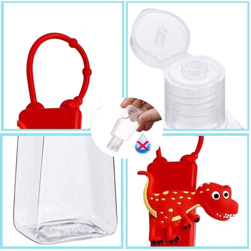 4Pcs Cartoon Kids Empty Travel Bottles Hand Sanitizer Holder with Silicone Case Keychain Carrier, Leak Proof Refillable Portable Travel Containers for Liquid Soap, Lotion (Dinosaur)