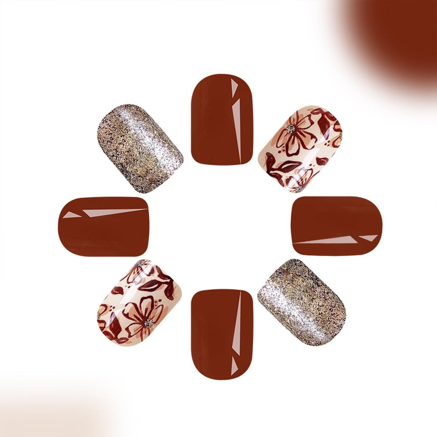 Fall Press on Nails Short Square Fake Nails with Glitter Flower Designs Brown Full Cover Glue on Nails Press ons Acrylic False Nails Glossy Stick on Nails for Women Girls 24 Pcs