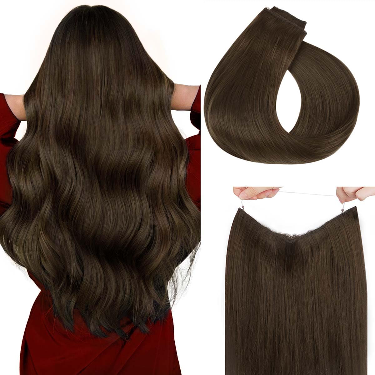 HOTBANANA Wire Hair Extensions, 12 inch 70g Chocolate Brown Fish Line Hair Extensions Real Human Hair Straight Invisible Wire Hair Extensions Remy Hair Extensions