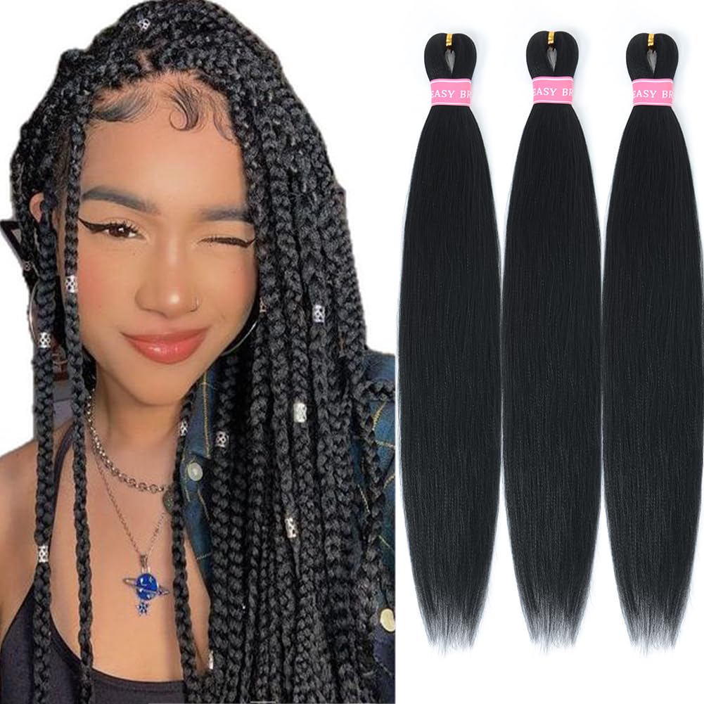 AFNOTE Pre Stretched Braiding Hair Extensions for Braids 20 Inch 3 Packs Black Braiding Hair Pre Stretched Synthetic Soft Prestretched Braid Hair Extension Hot Water Setting-Black 1B#