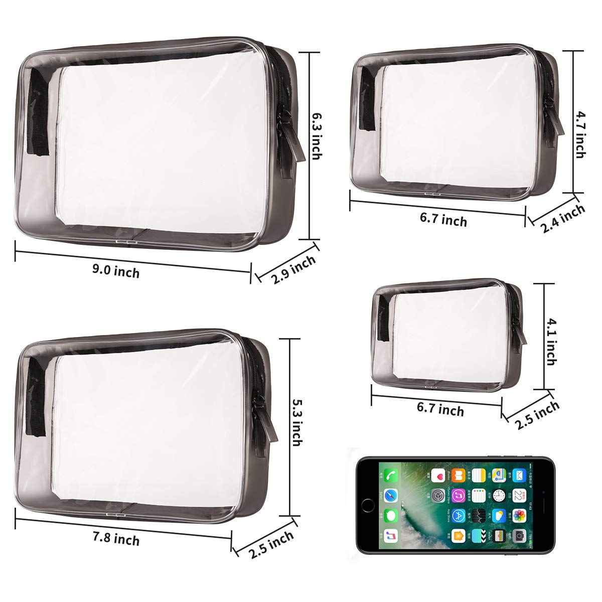 Clear Black Makeup Bags, 4pcs Cosmetic Makeup Bags Set TSA Approved Transparent Travel Toiletry Bag Waterproof Leakproof Carry On Airport Airline Cosmetic Organizer Pouch with Zipper for Women Men