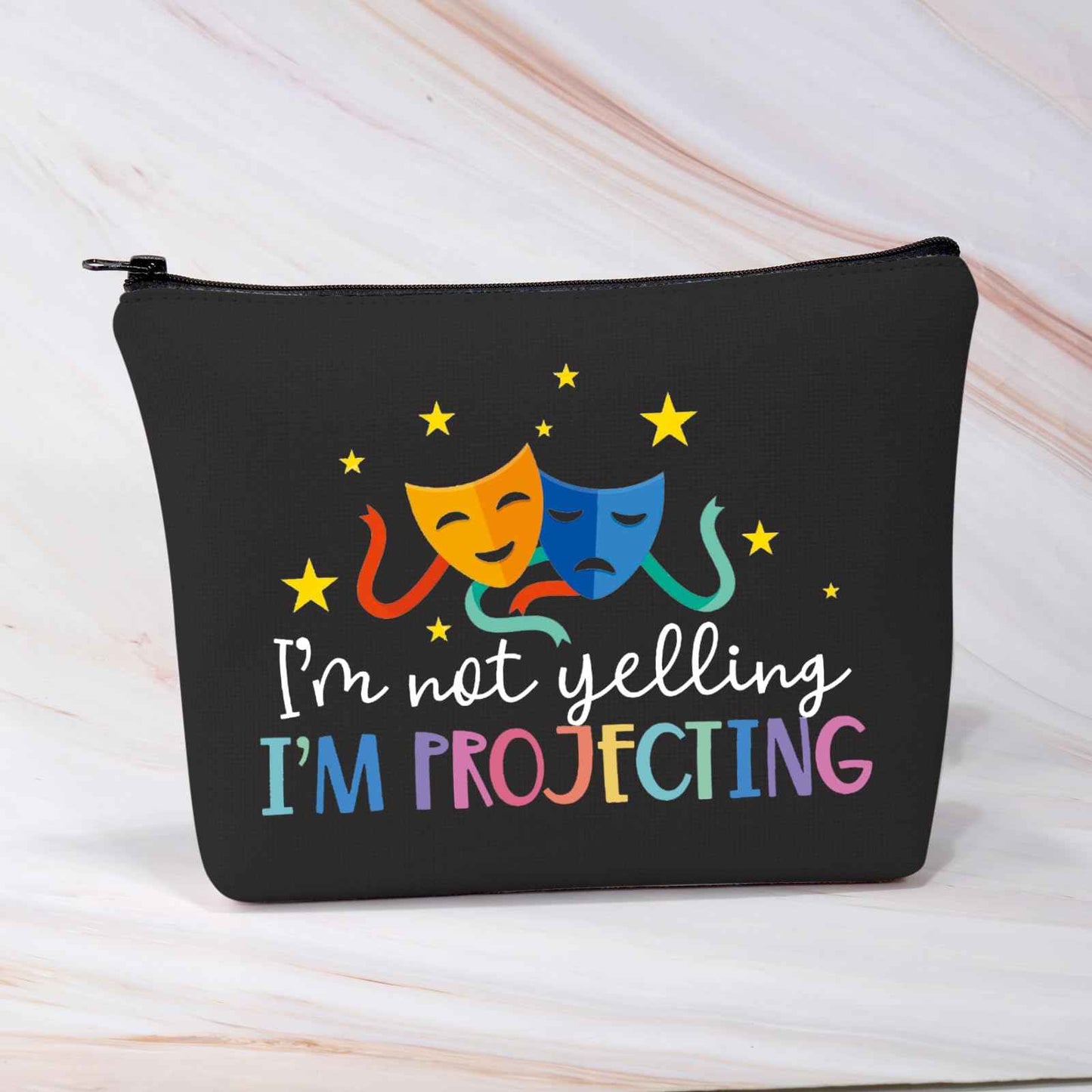 BDPWSS Theatre Makeup Bag Drama Theater Lover Gift Comedy Tragedy Masks Cosmetic Bag i'm Not Yelling I'm Projecting Drama Acting Travel Pouch (Yelling projecting BL)