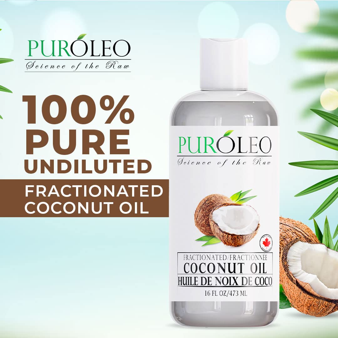 PUROLEO Fractionated Coconut Oil 16 Fl Oz/473 ML (Packed in Canada) 100% Natural and odorless Moisturizer & Carrier Oil l Hair Skin Body, Aromatherapy, Massage, Makeup Remover