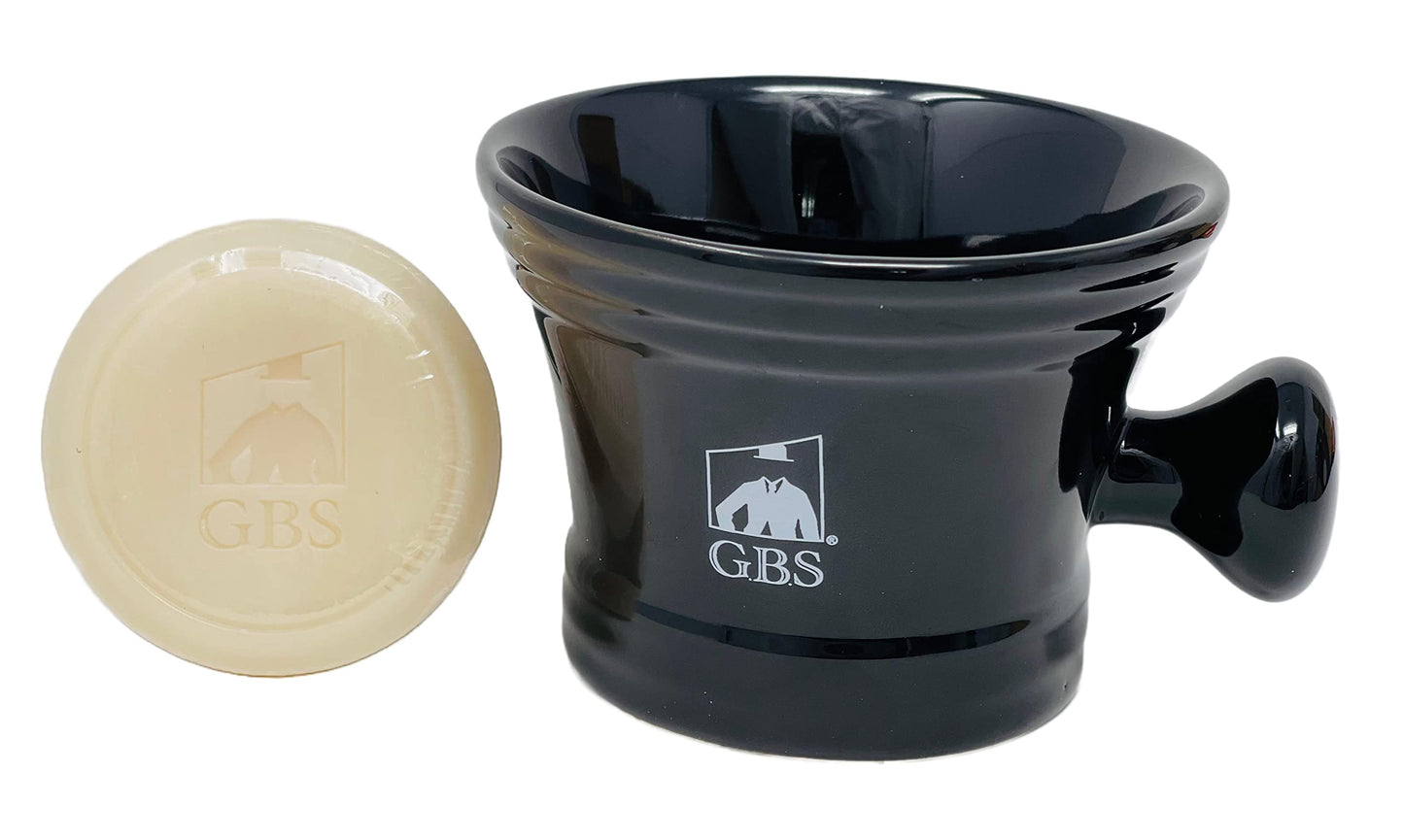 G.B.S Heavy Duty Black Ceramic Shaving Bowl, Mug with Natural Shave Soap – for use with up to 3” Shaving Soaps and Lathering Shave Cream Cup – Pommel Handle (Black)