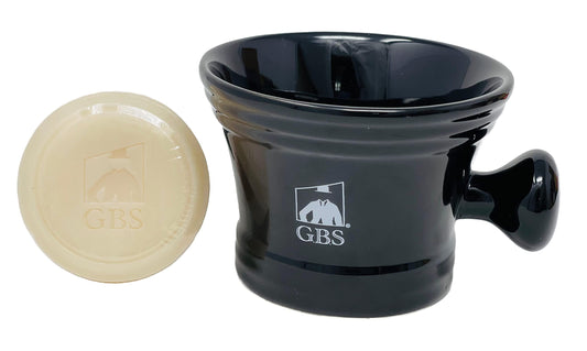 G.B.S Heavy Duty Black Ceramic Shaving Bowl, Mug with Natural Shave Soap – for use with up to 3” Shaving Soaps and Lathering Shave Cream Cup – Pommel Handle (Black)