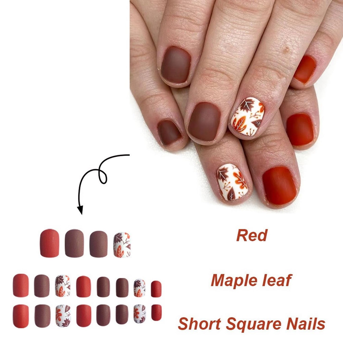 24 Pcs Fall Press on Nails Short Square Fake Nails Maple Leaf Designs False Nails Matte Brown Red Acrylic Nails Full Cover Stick on Nails Autumn Thanksgiving Nails for Women Manicure Decoration