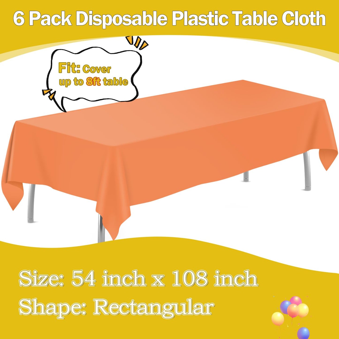 tujol Orange 6 Pack Plastic Table Cloth 54" x 108", Disposable Tablecloths Rectangle Table Cover, Plastic Table Cloths for Parties