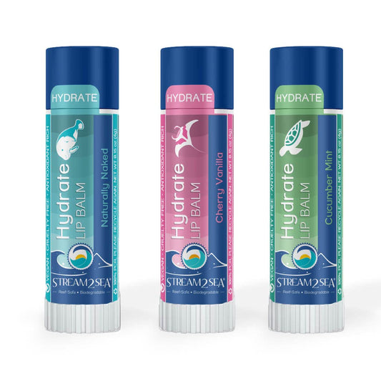 Stream2Sea Hydrate Lip Balm Set, Cherry Vanilla, Naturally Naked and Cucumber Mint Reef Safe Lip Balms, Nourishing and Moisturizing Indoor Lip Balm For Daily Use, Paraben Free