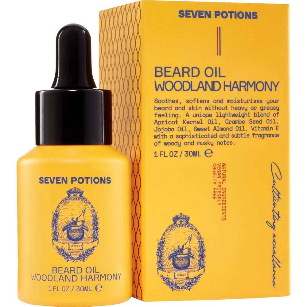 SEVEN POTIONS Natural Beard Oil for Men 1 FL OZ / 30ml — Sweet & Woody Beard Softener & Conditioner — Vegan Conditioning Oil That Helps Prevent Itch & Dandruff (Woodland Harmony)