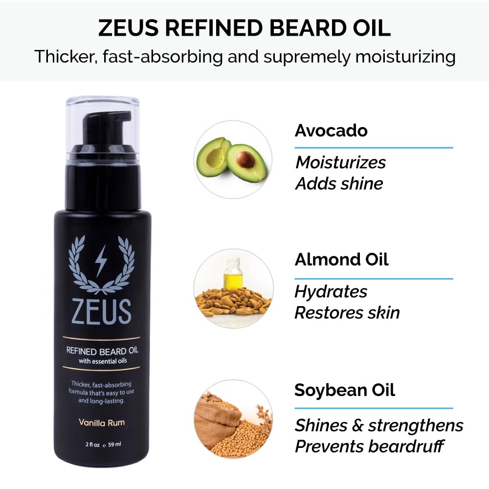 ZEUS Refined Essential Beard Care Kit with Travel Toiletry Bag - Beard Wash, Beard Conditioner, Refined Beard Oil & Travel Dopp Bag – (Vanilla Rum) Made in USA