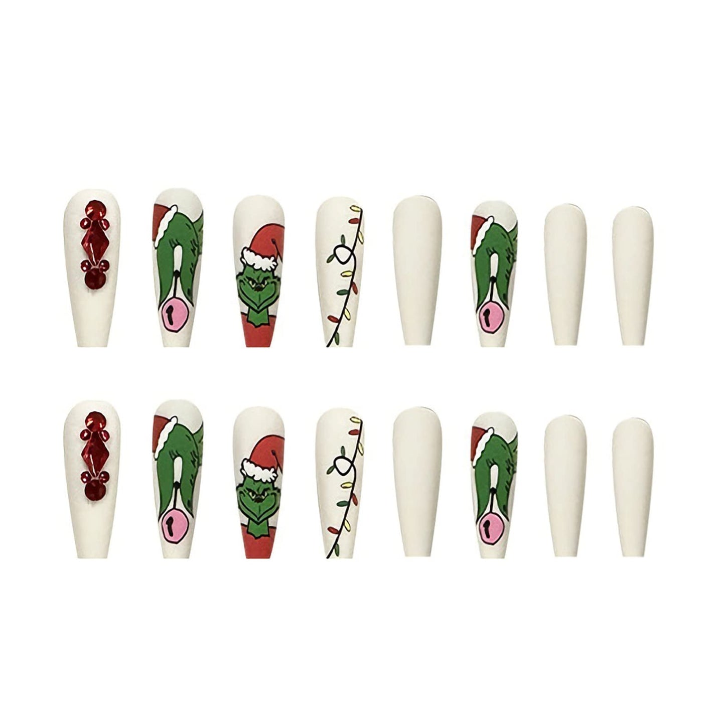 Christmas Press on Nails Coffin Fake Nails with Red Rhinestones Design Full Cover False Nails Matte Artificial Nails Cute Cartoon Pattern String Lights Xmas Stick on Nails for Women and Girls Manicure