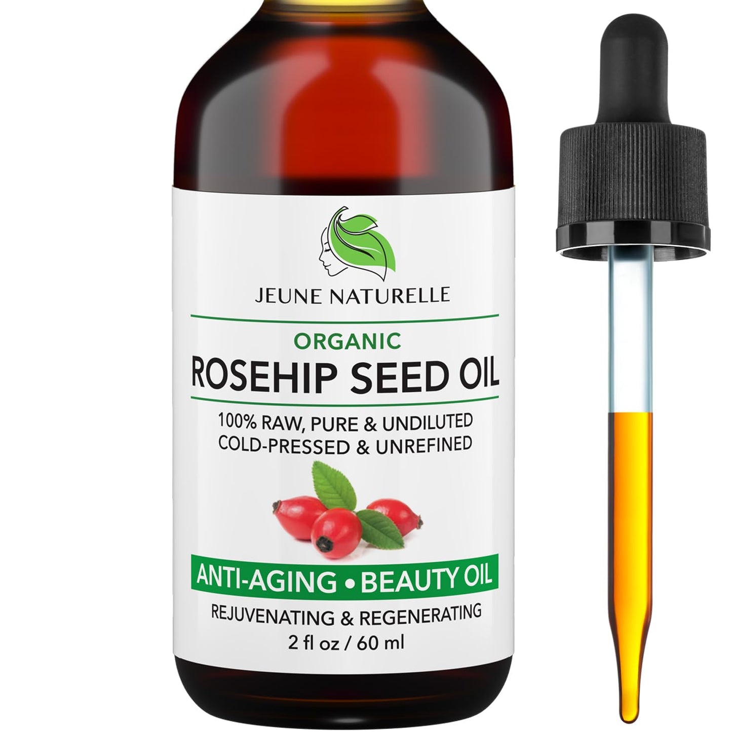 Jeune Naturelle Rosehip Oil Organic, From Fruit & Seeds, Pure, Raw, Virgin, Cold Pressed, Undiluted Body Oil For Skin Care, For Hair Oil, Gua Sha, Cuticle Oil, Face Oil, Organic Rosehip Seed Oil, 2 oz