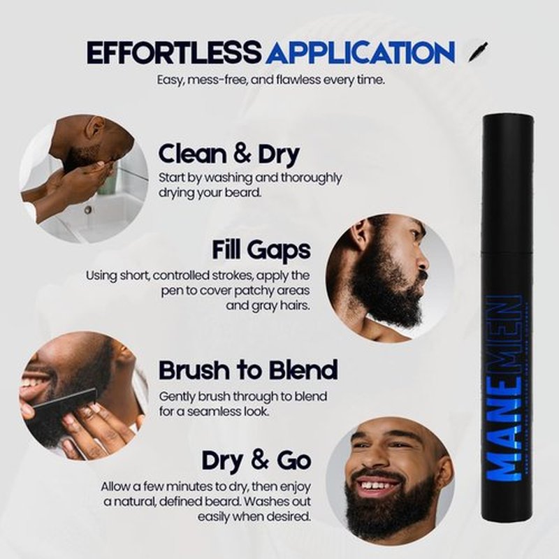 Manemen Beard Filler Pen For Men. Instant Gray Hair Coverage. Easy to Use Temporary Color for Beard, Mustache and Eyebrows. All Day Natural Finish - 2-in-1 Formula. Up to 40 Applications (BLACK)