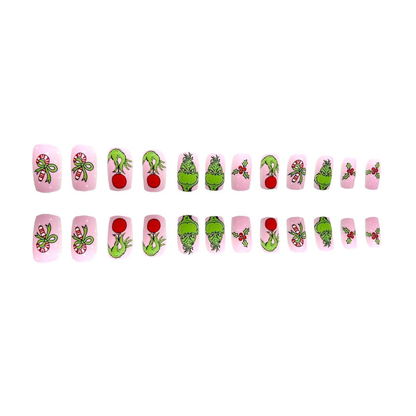 Christmas Press on Nails Short Square Fake Nails Pink Stick on Nails Winter False Nails with Fun Cartoon Green Haired Monster Designs Xmas Candy Cane Press on Nails for Women Girls Holiday Manicure