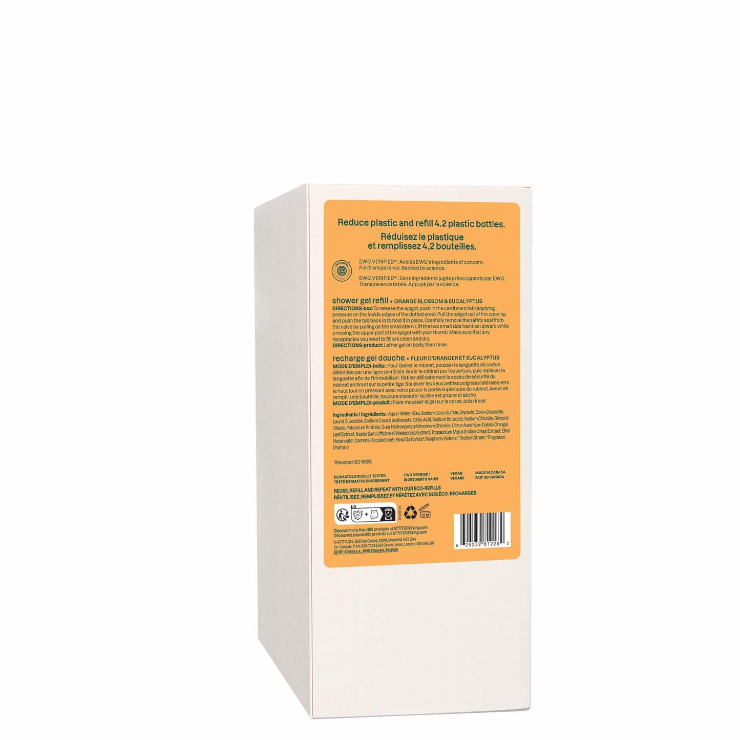 ATTITUDE Body Wash, EWG Verified Shower Gel, Dermatologically Tested, Plant and Mineral-Based, Vegan Personal Care Products, Orange Blossom & Eucalyptus, Bulk Refill, 67.6 Fl Oz