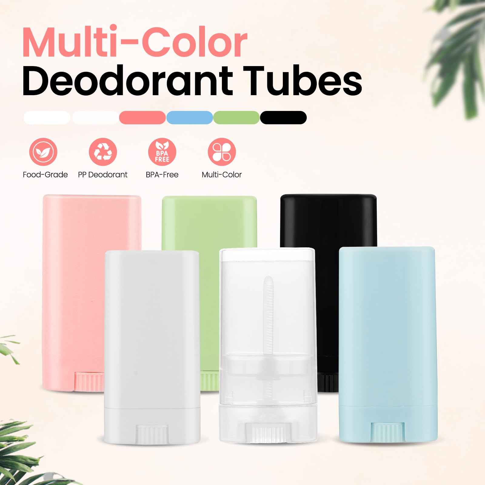 50-Pack Empty Deodorant Containers for Homemade - 0.5 oz/15ml Oval Refillable Deodorants Tubes, BPA-Free Twist-Up Plastic Sticks, Reusable DIY Deodorant Bottles for Balms & Solid Perfumes,White