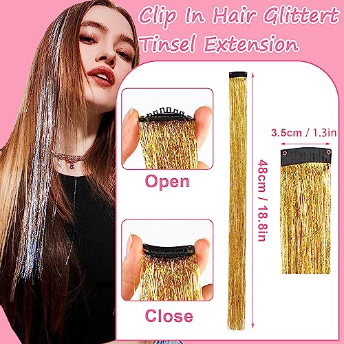 LOMIMOS 12pcs Colorful Hair Tinsel Clip, Sparkle Shiny Highlight Synthetic Extension Strand with Clip On Hair for Party Dazzle Christmas New Year Halloween Festival Cosplay Women Girl Kid 19.7”