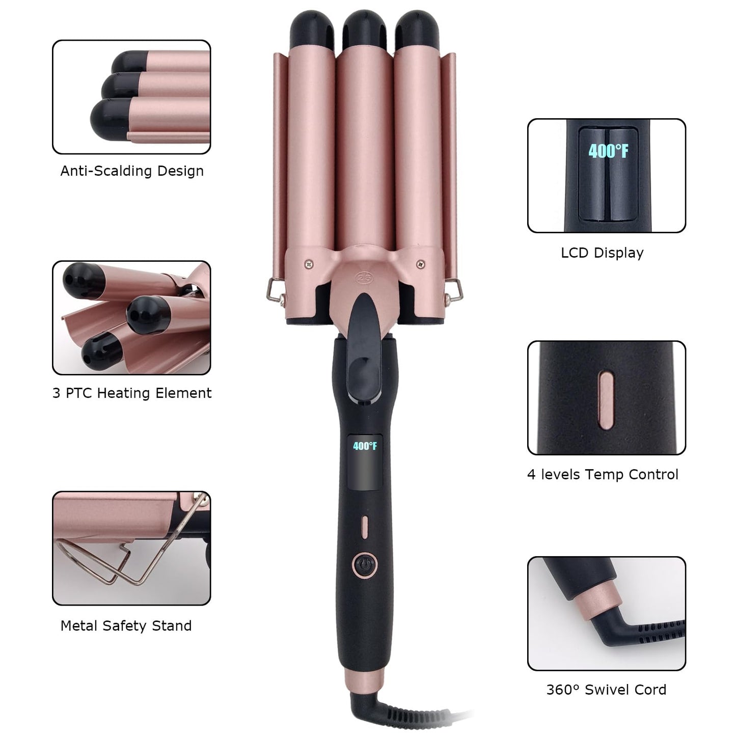 Mistcado 3 Barrel Curling Iron, 1 Inch Ceramic Tourmaline Hair Waver Wand with LCD Temperature Display, Fast Heating Foldable Crimpers for Travel Glove Included (Gold)