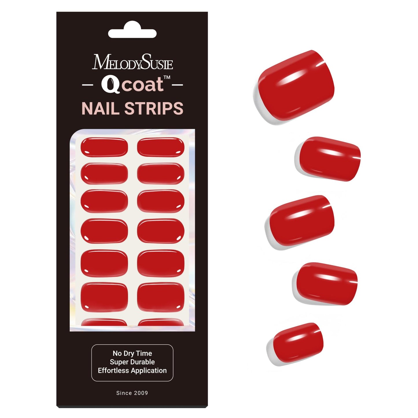 MelodySusie Qcoat Fully Cured Gel Nail Strips (Red) - UV Free Nail Polish Strips, Salon-Quality, Long Lasting Gel Nail Stickers, Includes 22 Nail Wraps, 2 Prep Pads, Nail File & Wooden Stick