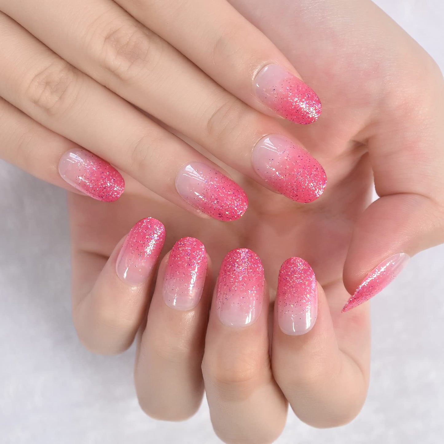 Pink Glitter Press On Nails Almond Gradient Fake Nails Fingernail Salon Manicure False Nails for Dating Wedding Gift for Women Girls 24pcs