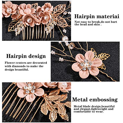 4Pcs Rose Gold Wedding Hair Combs with Pearl Crystals