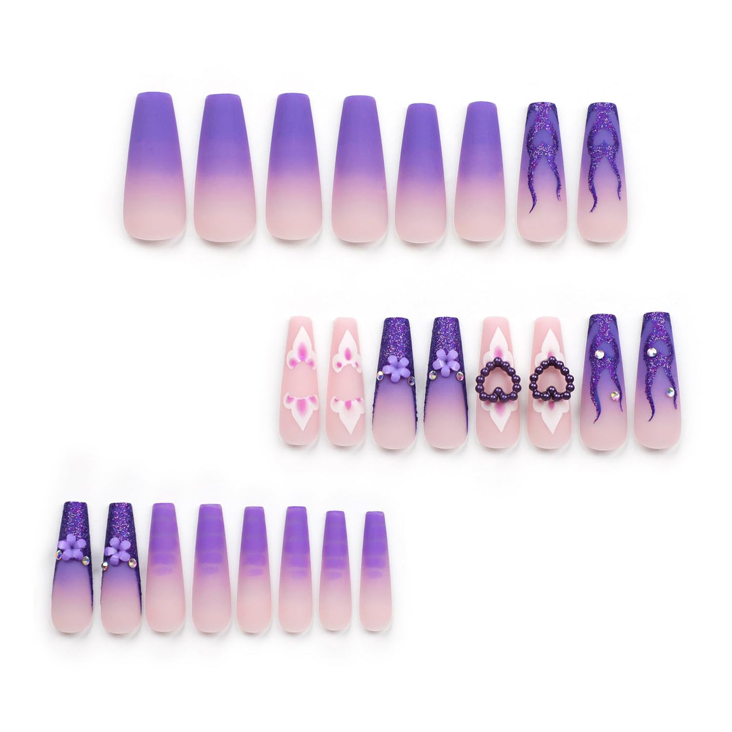 24Pcs CEWEWP Purple Press on Nails Long Coffin Fake Nails Flash Powder False Nails with Pearl Charm Nails Rhinestone Design Glossy Stick on Nails for Women