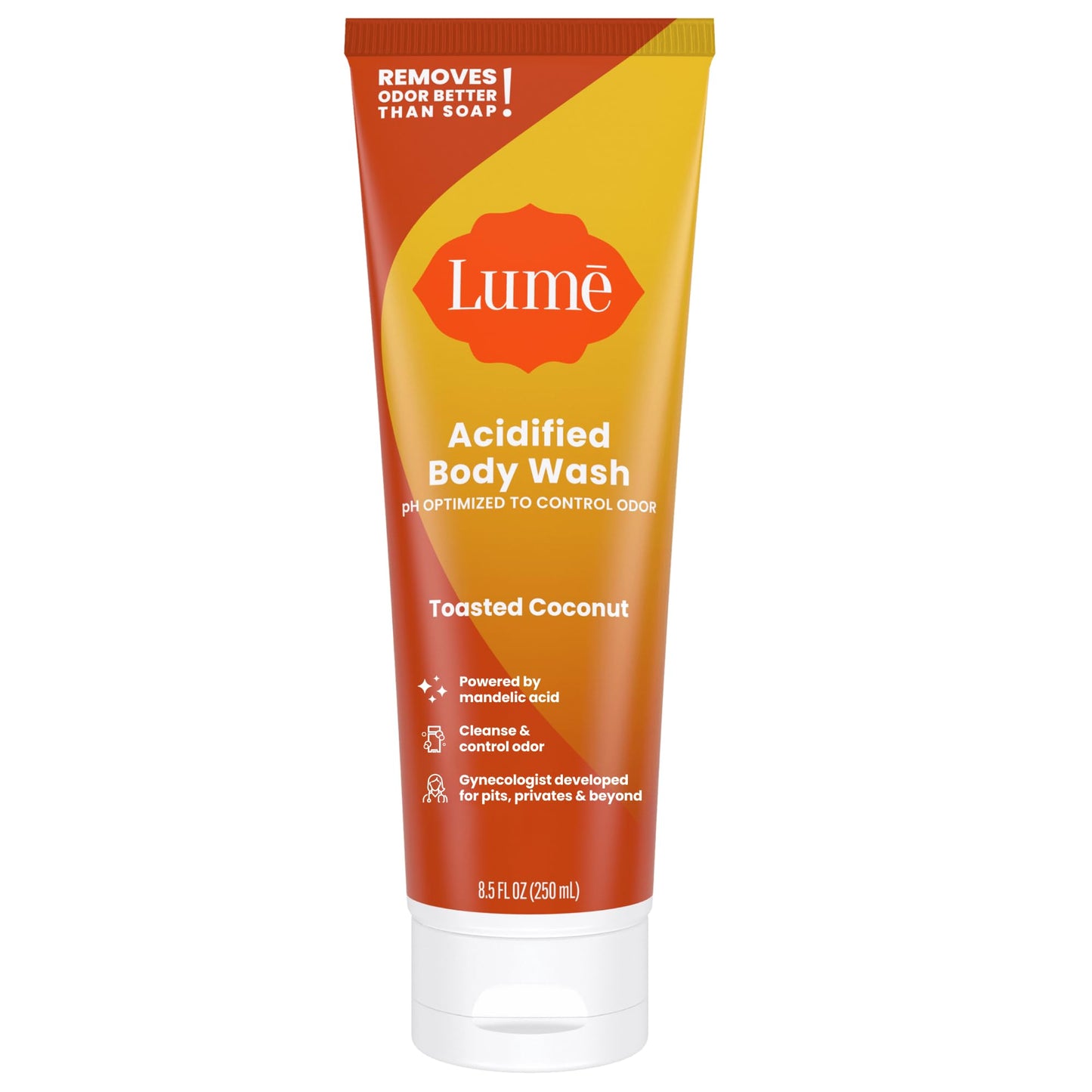 Lume Acidified Body Wash - 24 Hour Odor Control - Removes Odor Better than Soap - Moisturizing Formula - Formulated Without SLS or Parabens - OB/GYN Developed - 8.5 ounce (Toasted Coconut)