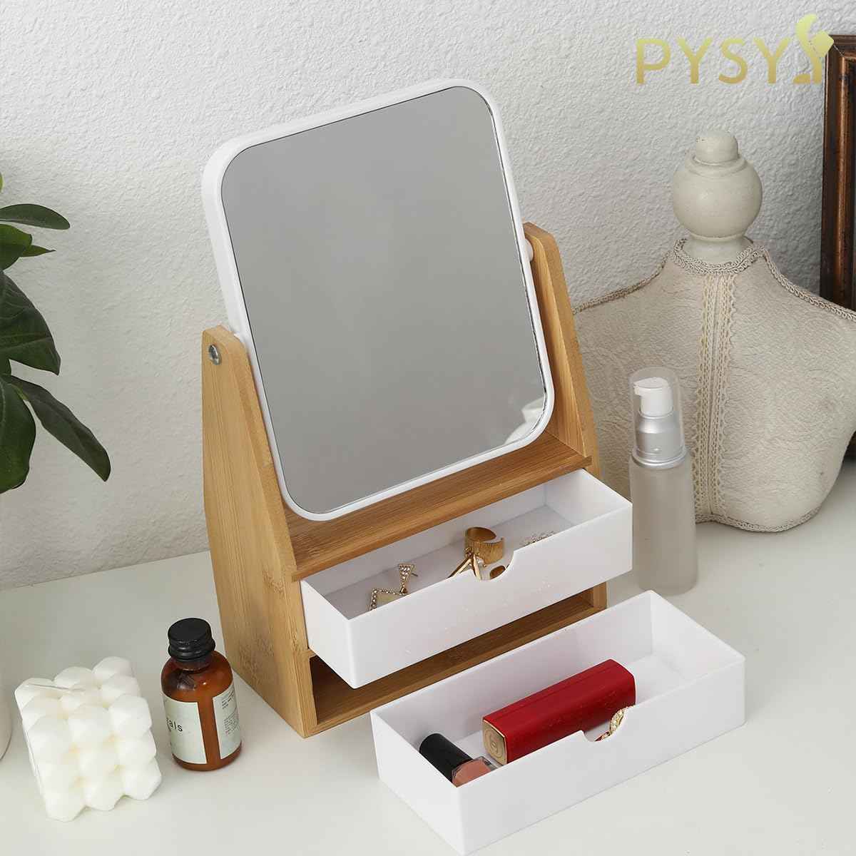 PYSYY 1x / 5X Magnifying Makeup Mirror, Jewelry and Cosmetics Storage Box with Double Drawers, Adjustable Natural Bamboo Stand, 360° rotatable Vertical Desktop Mirror (1, Rectangle)