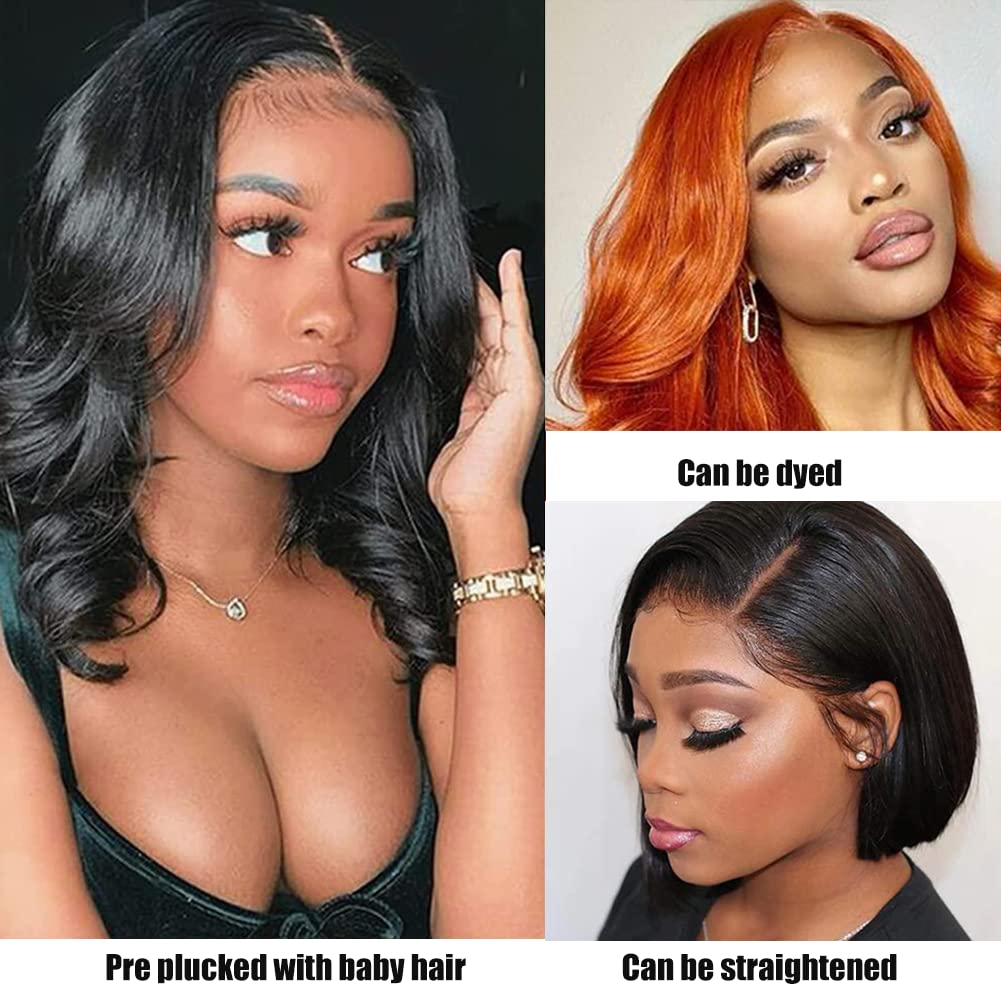 Dunmud Bob Wig Human Hair Wigs For Black Women 4x4 Glueless Lace Front Wigs Human Hair Pre Plucked Short Bob Body Wave Lace Closure Wigs Loose Wave Wigs Brazilian Virgin Remy Hair Wig 10 Inch