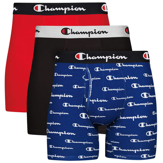 Champion Men's Boxer Briefs, Every Day Comfort Stretch Cotton Moisture-Wicking Underwear, Multi-Pack, Blue White Script Logo/Black/Red-3 Pack, Small