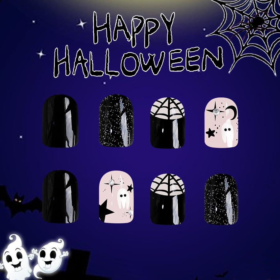 24Pcs Halloween Press on Nails Short Square Fake Nails with Silver Glitter Design Halloween Glue on Nails Full Cover Halloween Nails Stick on Nails for Women and Girls Halloween Nail Art Decoration