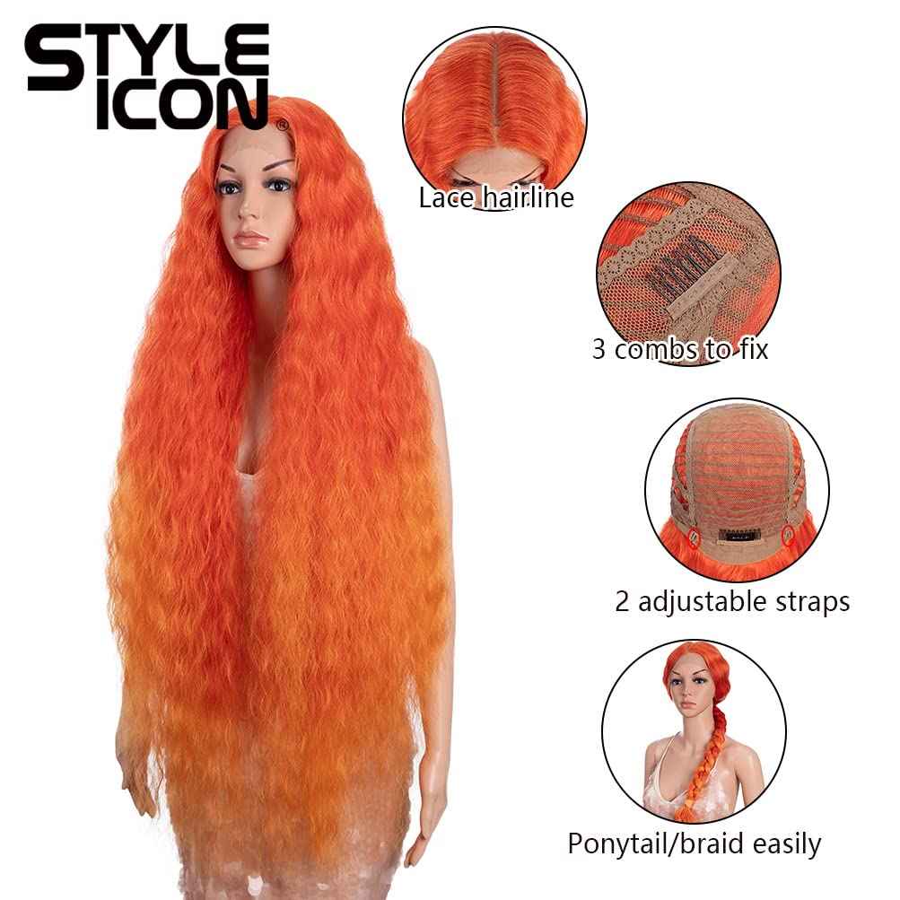 Style Icon 41" Lace Front Wigs Long Wavy Synthetic Wigs with Baby Hair Ombre Orange Bohemian Style Middle Part Half Hand Tied 130% Density Wigs (41", T-RED/ORANGE)