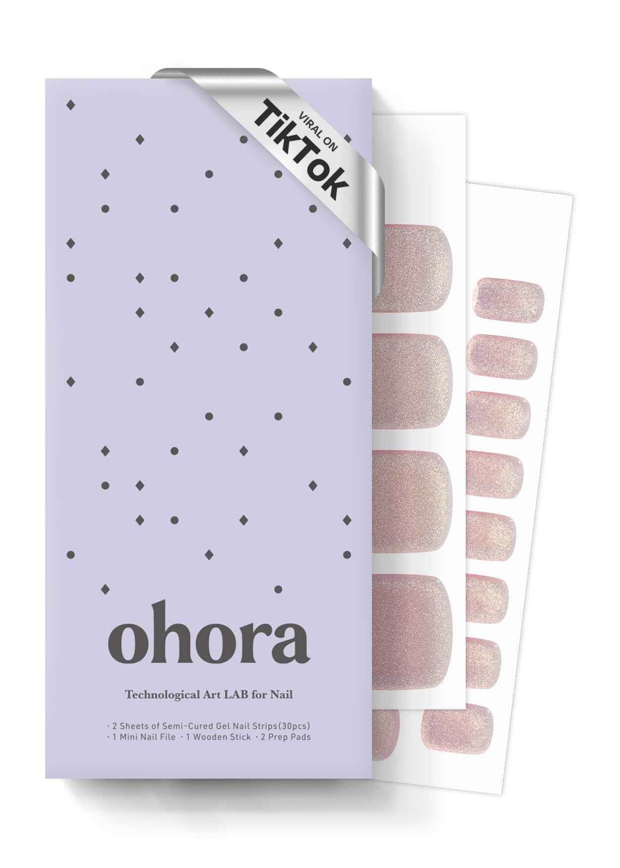 ohora Semi Cured Gel Pedi Strips (P Rosy Chrome) - Works with Any Nail Lamps, Salon-Quality, Long Lasting, Easy to Apply & Remove - Includes 2 Prep Pads, Nail File & Wooden Stick